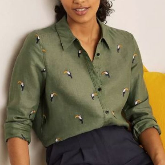 ❤️🎉HP🎉❤️ BODEN Toucan Bird Embroidered Linen Shirt, Olive, Size US 2P / … - Picture 2 of 13